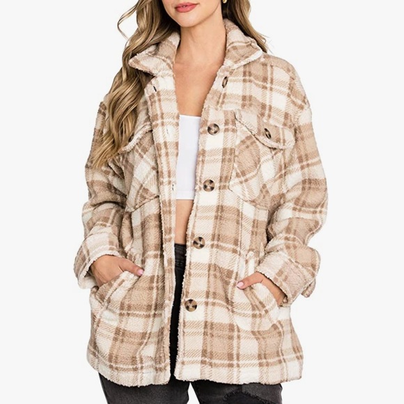 Women’s Cozy Soft Sherpa Teddy Coat Plaid Shacket - Picture 2 of 4